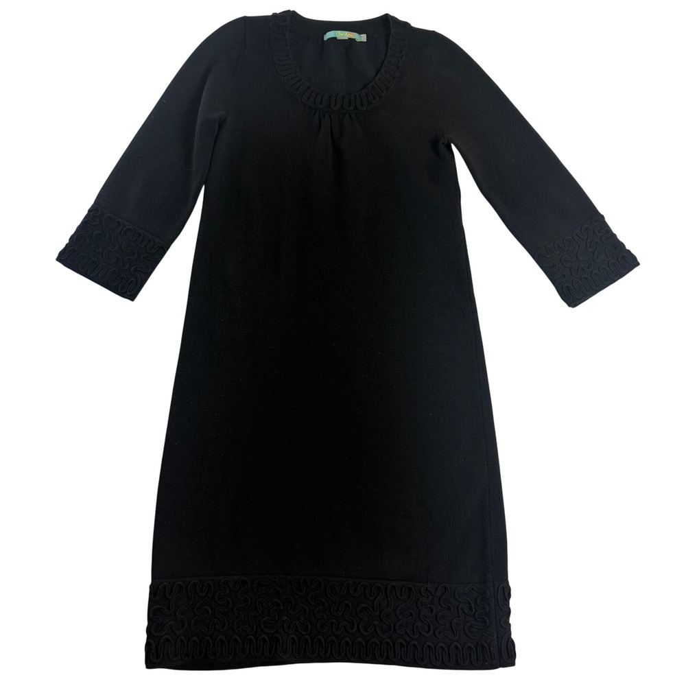 Boden Black Knit Shift Dress US 2R Soutache Trim 3/4 Sleeve Scoop Neck
